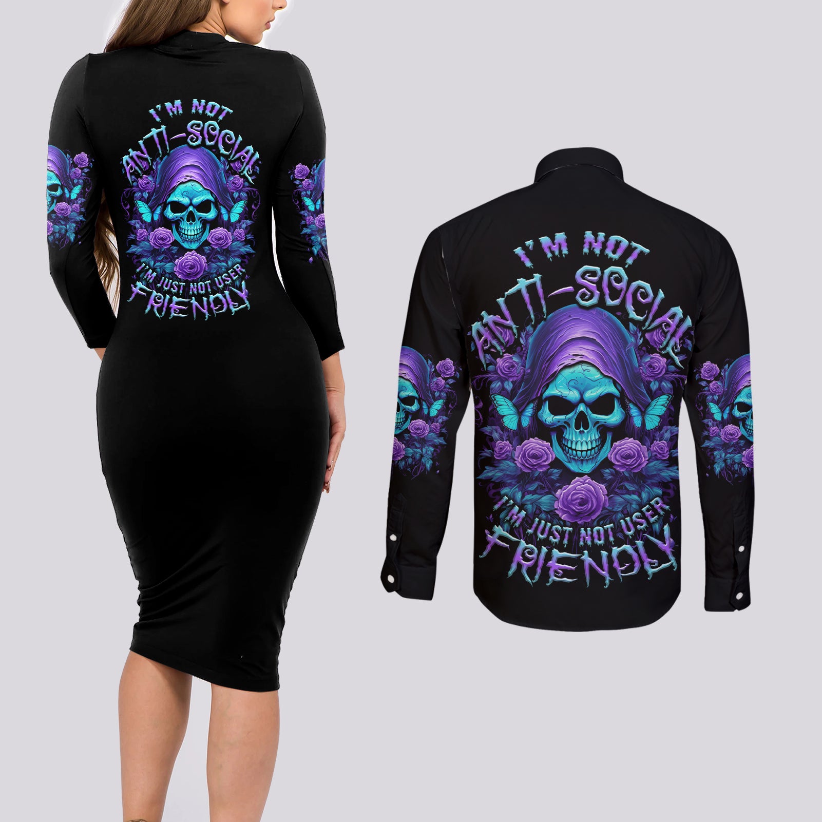I'm Not Anti-social Mad Reaper Skull Couples Matching Long Sleeve Bodycon Dress and Long Sleeve Button Shirt - Wonder Print Shop