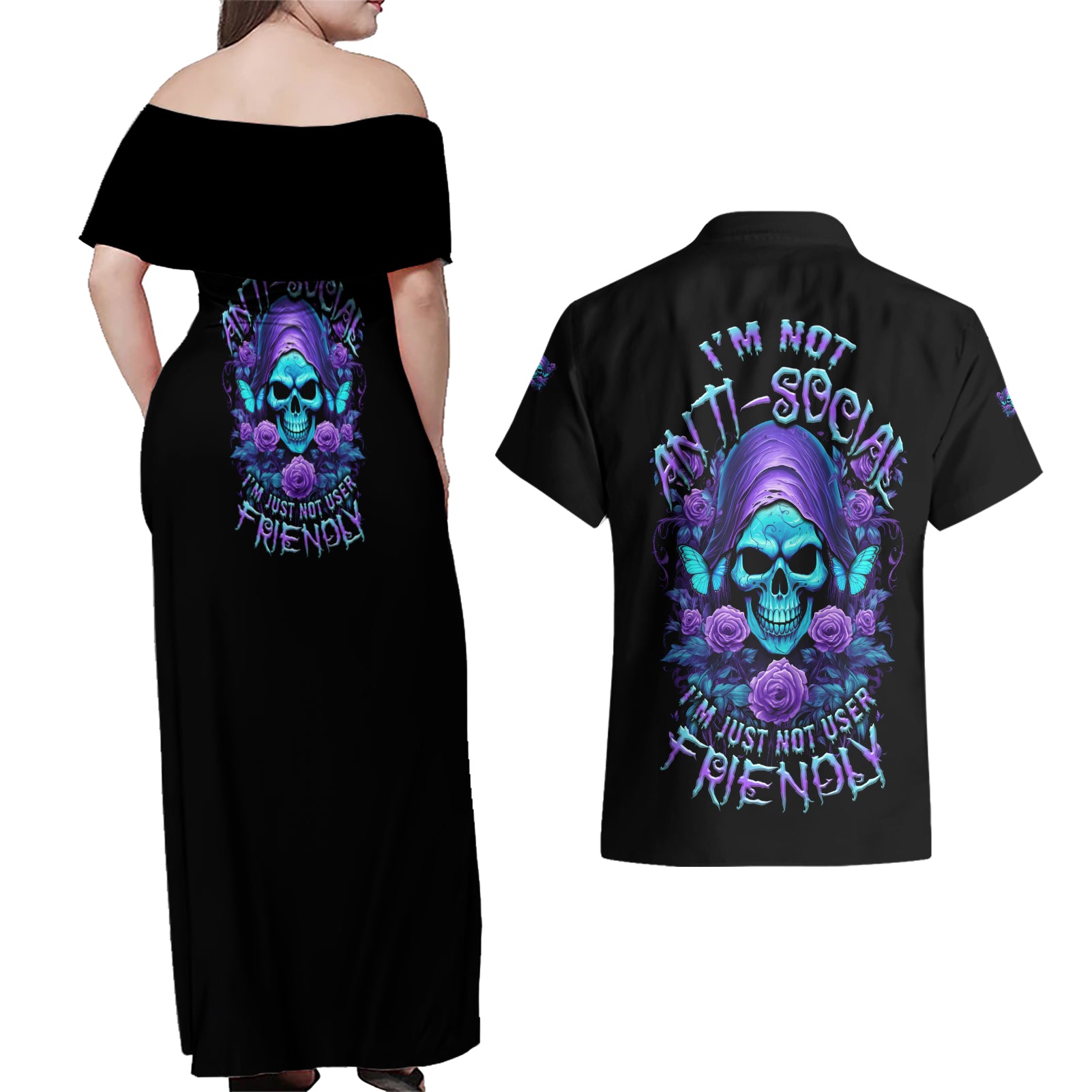 I'm Not Anti-social Mad Reaper Skull Couples Matching Off Shoulder Maxi Dress and Hawaiian Shirt - Wonder Print Shop