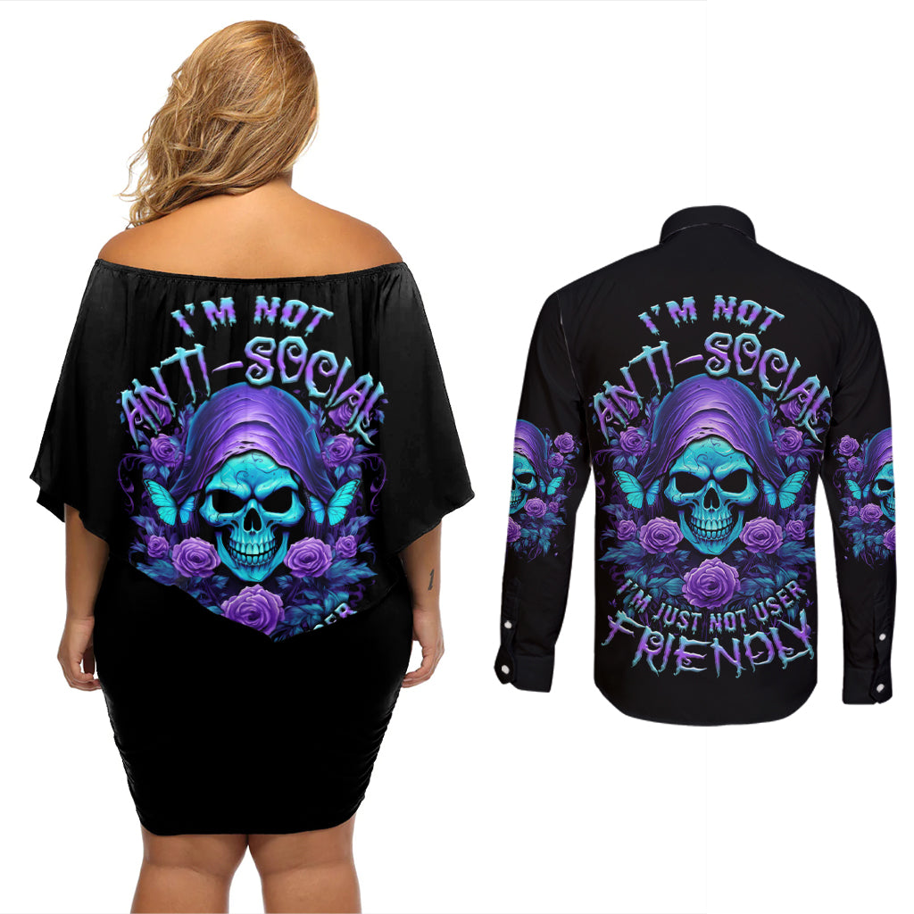 I'm Not Anti-social Mad Reaper Skull Couples Matching Off Shoulder Short Dress and Long Sleeve Button Shirt - Wonder Print Shop