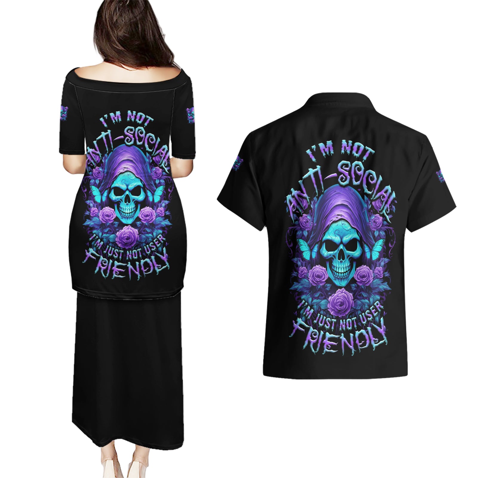 I'm Not Anti-social Mad Reaper Skull Couples Matching Puletasi Dress and Hawaiian Shirt - Wonder Print Shop