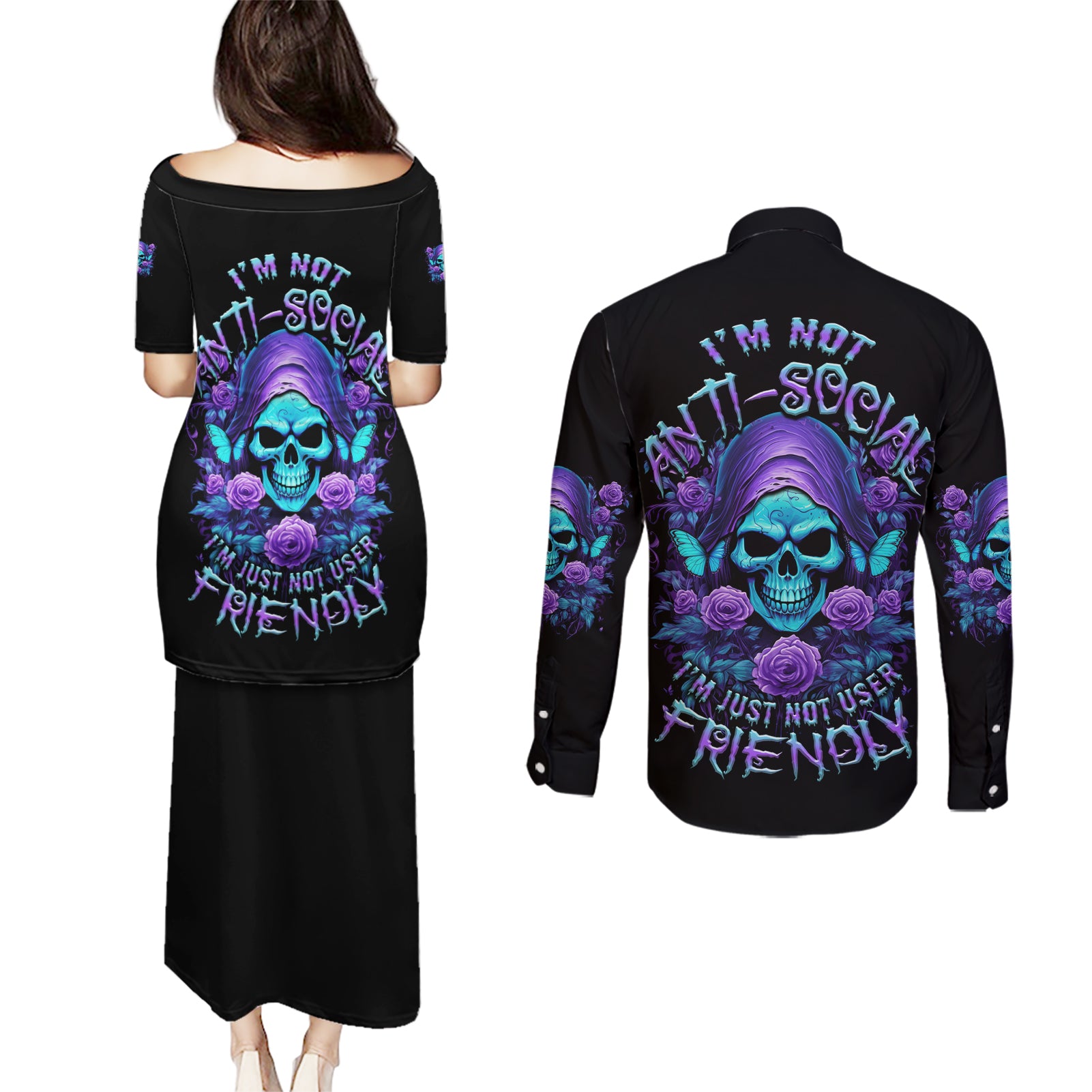 I'm Not Anti-social Mad Reaper Skull Couples Matching Puletasi Dress and Long Sleeve Button Shirt - Wonder Print Shop