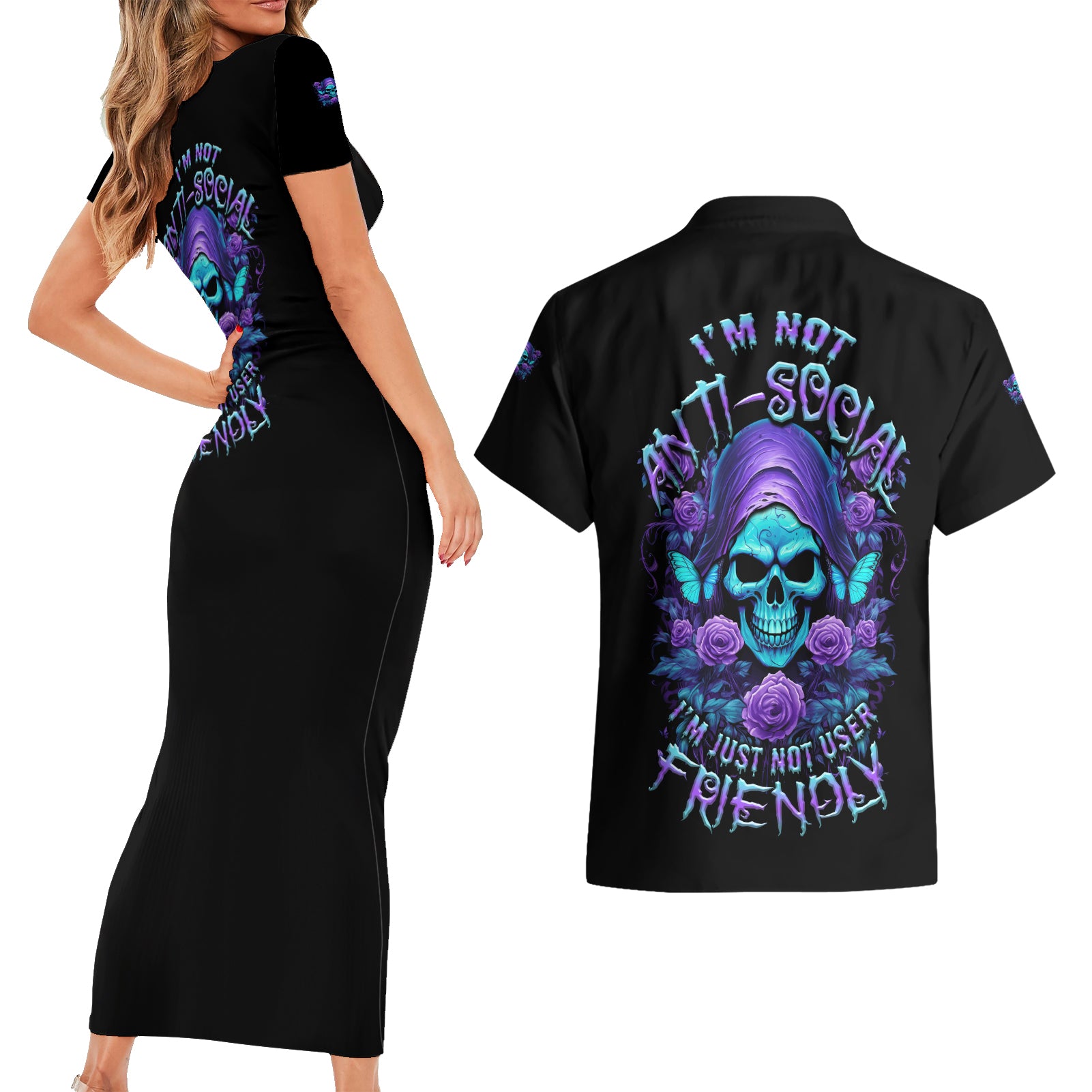 I'm Not Anti-social Mad Reaper Skull Couples Matching Short Sleeve Bodycon Dress and Hawaiian Shirt - Wonder Print Shop