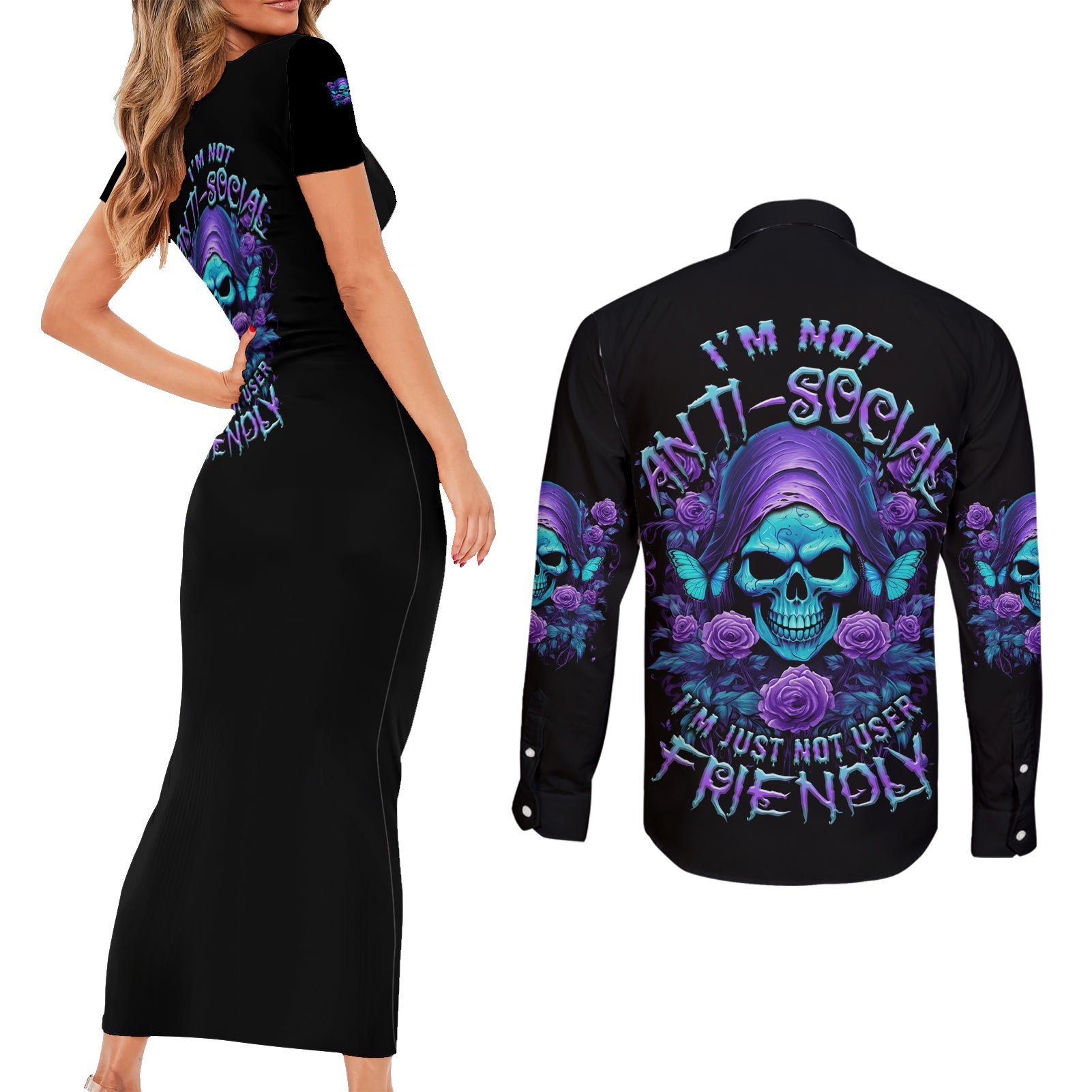 I'm Not Anti-social Mad Reaper Skull Couples Matching Short Sleeve Bodycon Dress and Long Sleeve Button Shirt - Wonder Print Shop