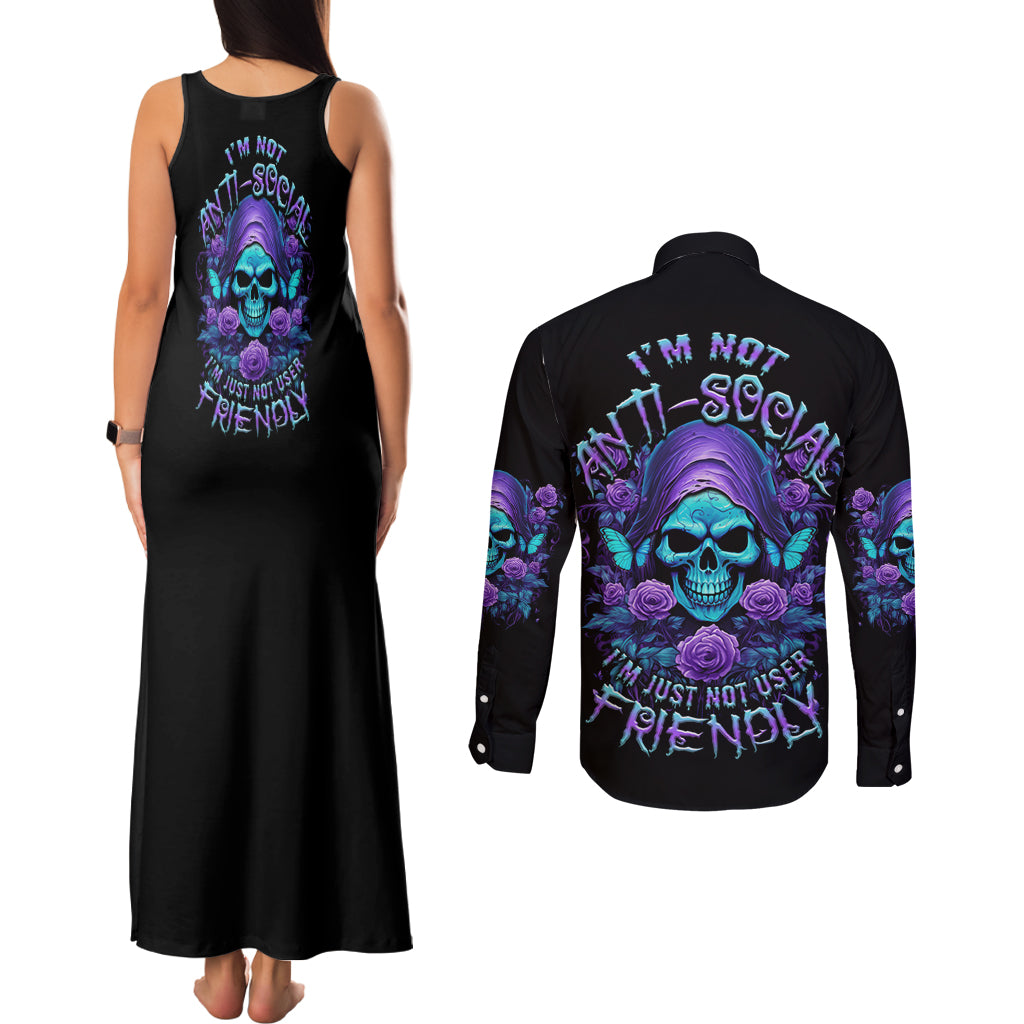 I'm Not Anti-social Mad Reaper Skull Couples Matching Tank Maxi Dress and Long Sleeve Button Shirt - Wonder Print Shop