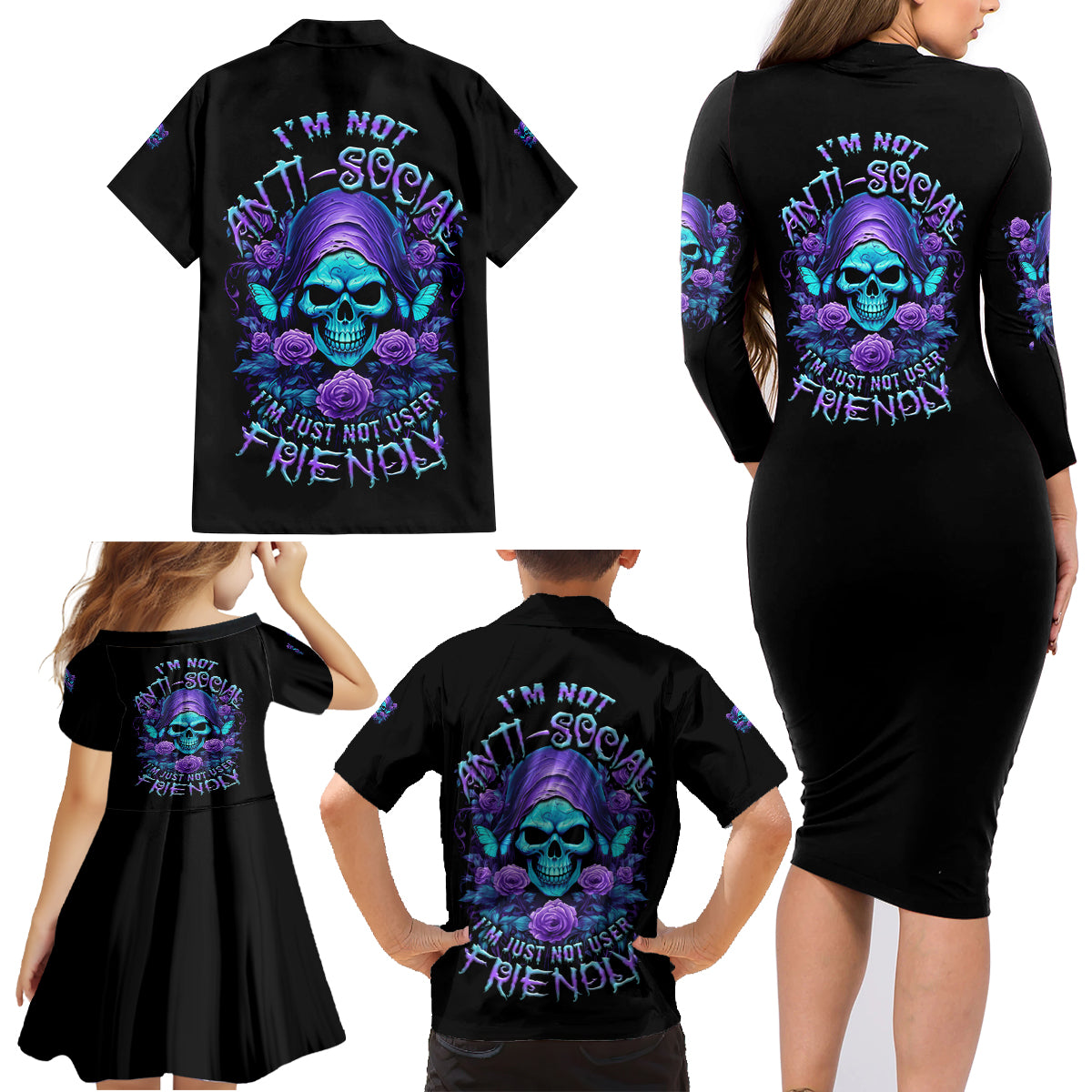 I'm Not Anti-social Mad Reaper Skull Family Matching Long Sleeve Bodycon Dress and Hawaiian Shirt - Wonder Print Shop