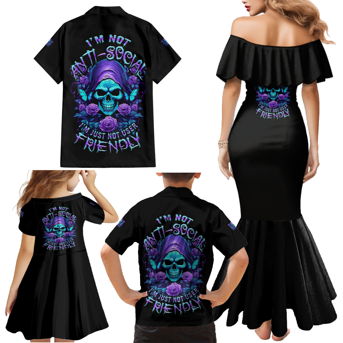 I'm Not Anti-social Mad Reaper Skull Family Matching Mermaid Dress and Hawaiian Shirt - Wonder Print Shop