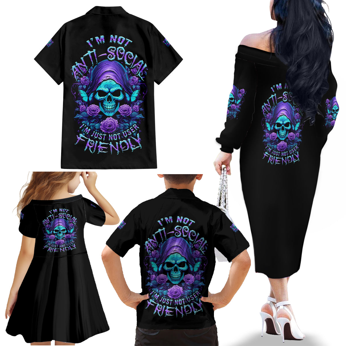 I'm Not Anti-social Mad Reaper Skull Family Matching Off Shoulder Long Sleeve Dress and Hawaiian Shirt - Wonder Print Shop