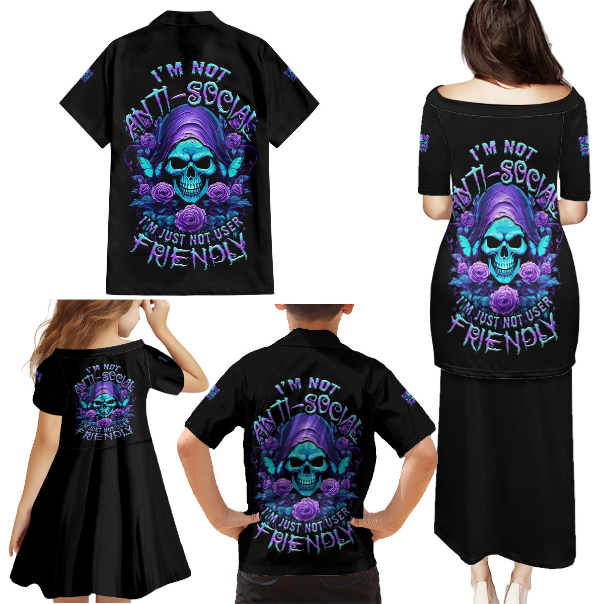 I'm Not Anti-social Mad Reaper Skull Family Matching Puletasi Dress and Hawaiian Shirt - Wonder Print Shop