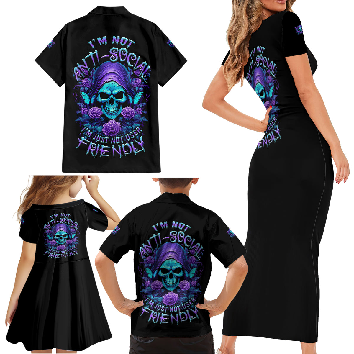 I'm Not Anti-social Mad Reaper Skull Family Matching Short Sleeve Bodycon Dress and Hawaiian Shirt - Wonder Print Shop