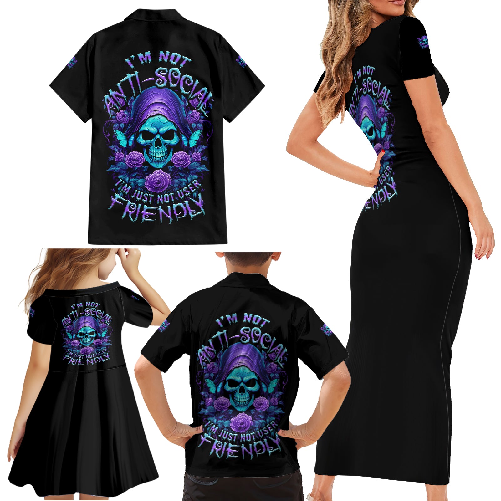 I'm Not Anti-social Mad Reaper Skull Family Matching Short Sleeve Bodycon Dress and Hawaiian Shirt - Wonder Print Shop