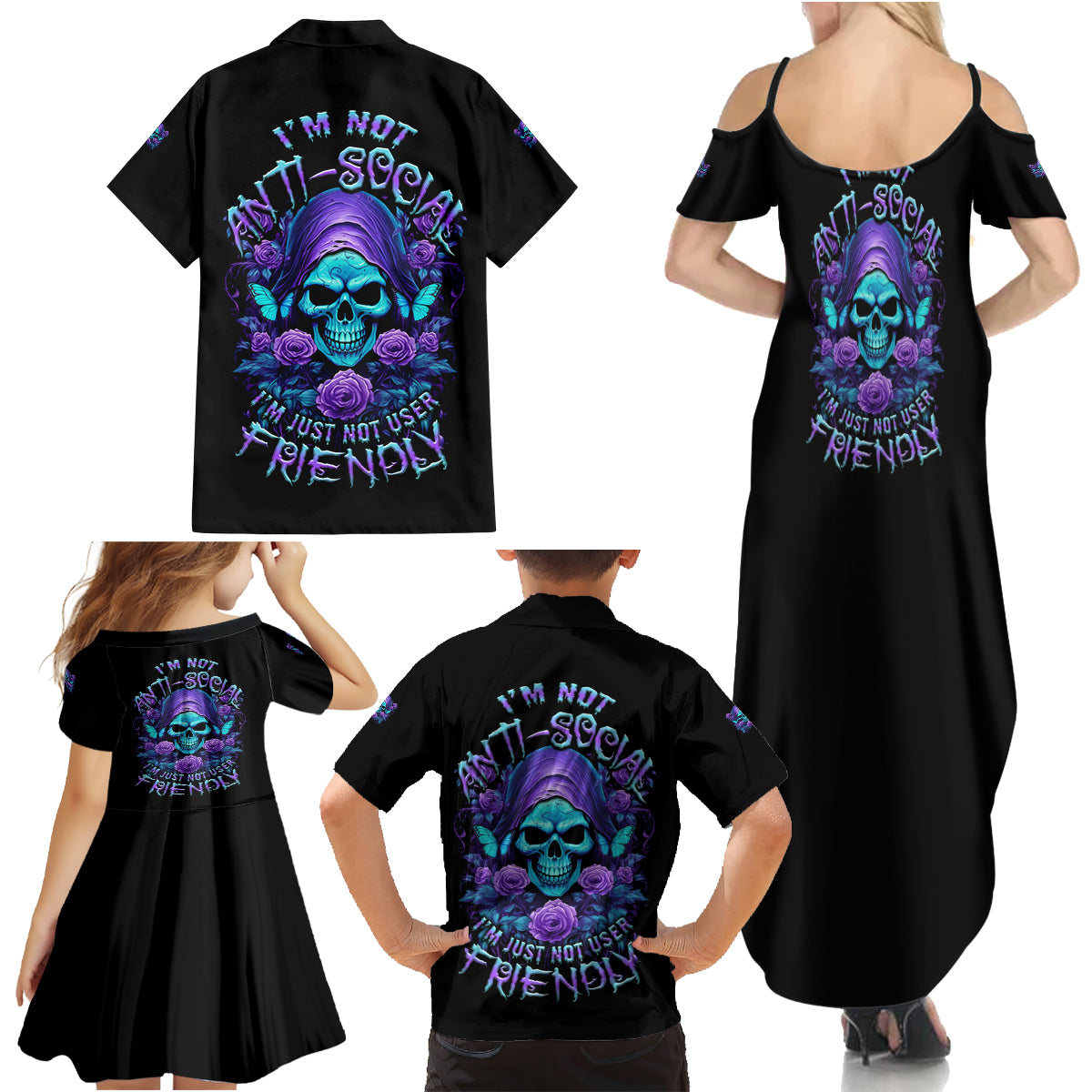 I'm Not Anti-social Mad Reaper Skull Family Matching Summer Maxi Dress and Hawaiian Shirt - Wonder Print Shop