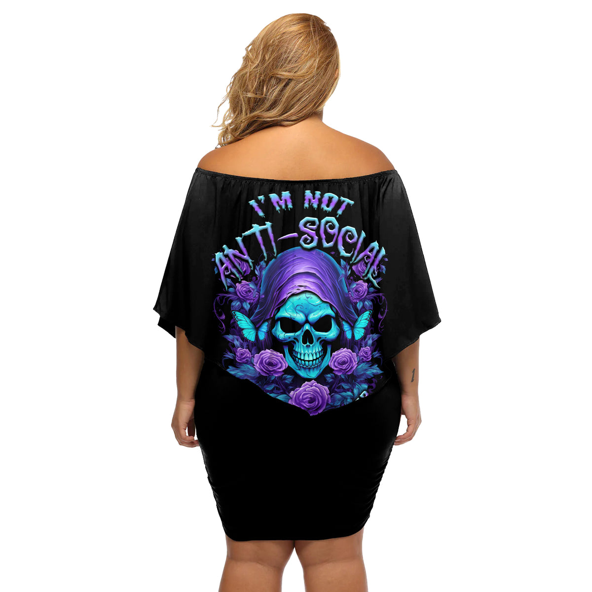 I'm Not Anti-social Mad Reaper Skull Off Shoulder Short Dress - Wonder Print Shop