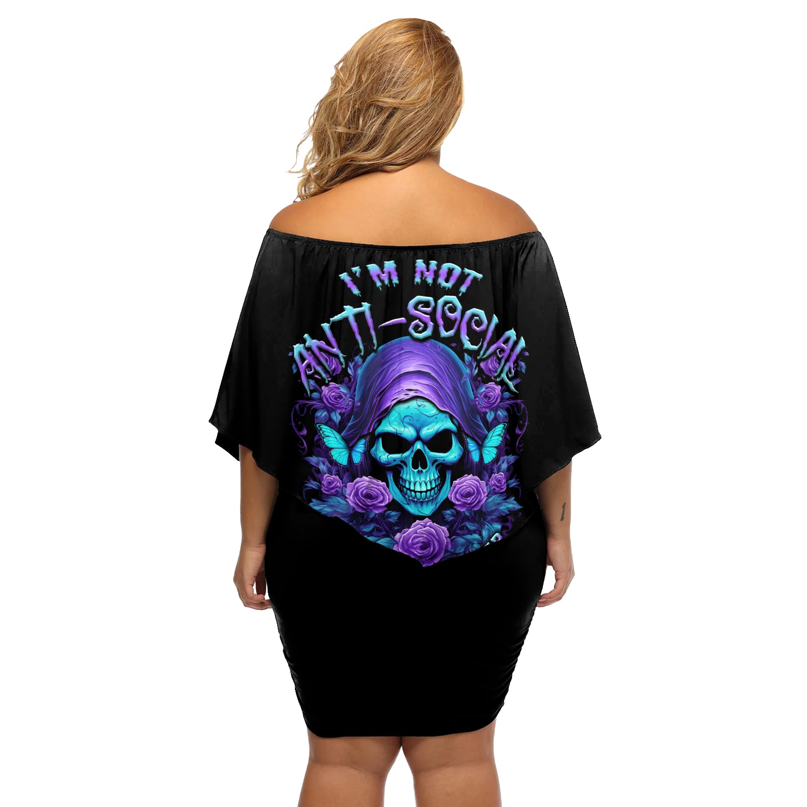I'm Not Anti-social Mad Reaper Skull Off Shoulder Short Dress - Wonder Print Shop