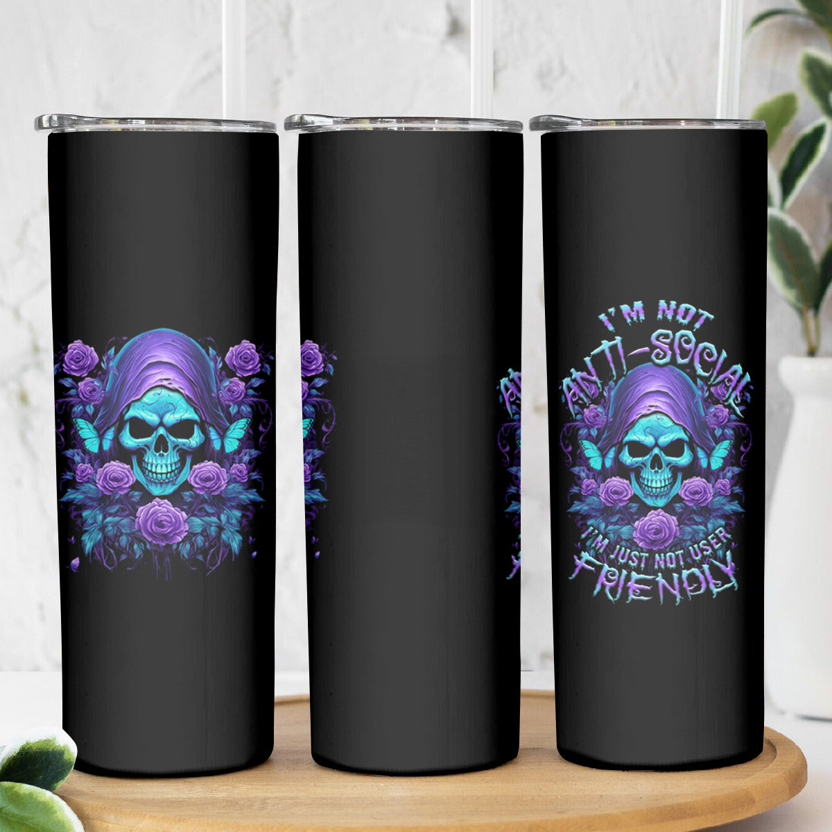 I'm Not Anti-social Mad Reaper Skull Skinny Tumbler - Wonder Print Shop