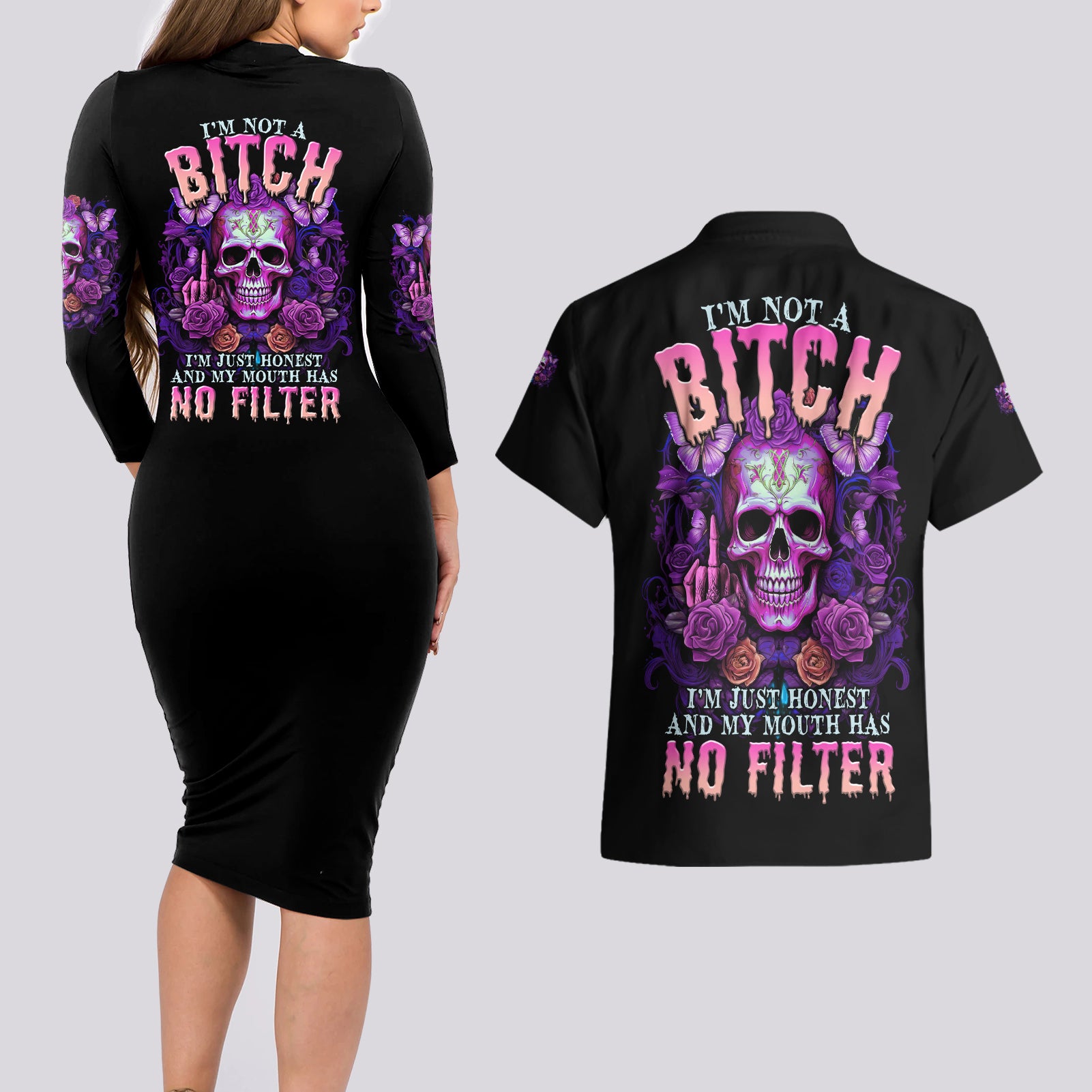I'M Not A B I'M Just Honest Skull Butterfly Couples Matching Long Sleeve Bodycon Dress and Hawaiian Shirt - Wonder Print Shop