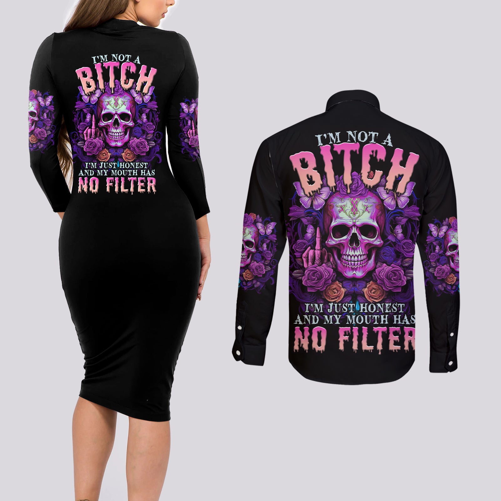 I'M Not A B I'M Just Honest Skull Butterfly Couples Matching Long Sleeve Bodycon Dress and Long Sleeve Button Shirt - Wonder Print Shop