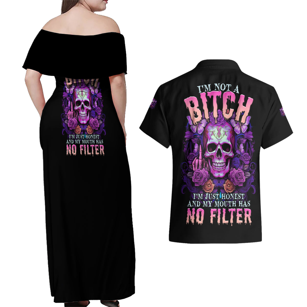 I'M Not A B I'M Just Honest Skull Butterfly Couples Matching Off Shoulder Maxi Dress and Hawaiian Shirt - Wonder Print Shop