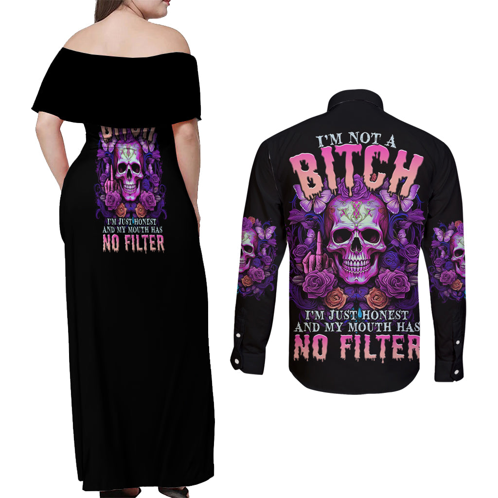 I'M Not A B I'M Just Honest Skull Butterfly Couples Matching Off Shoulder Maxi Dress and Long Sleeve Button Shirt - Wonder Print Shop