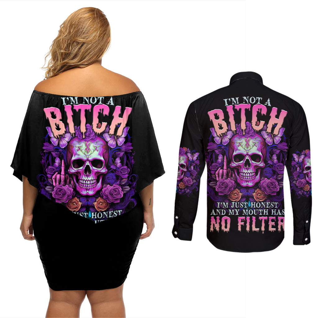 I'M Not A B I'M Just Honest Skull Butterfly Couples Matching Off Shoulder Short Dress and Long Sleeve Button Shirt - Wonder Print Shop