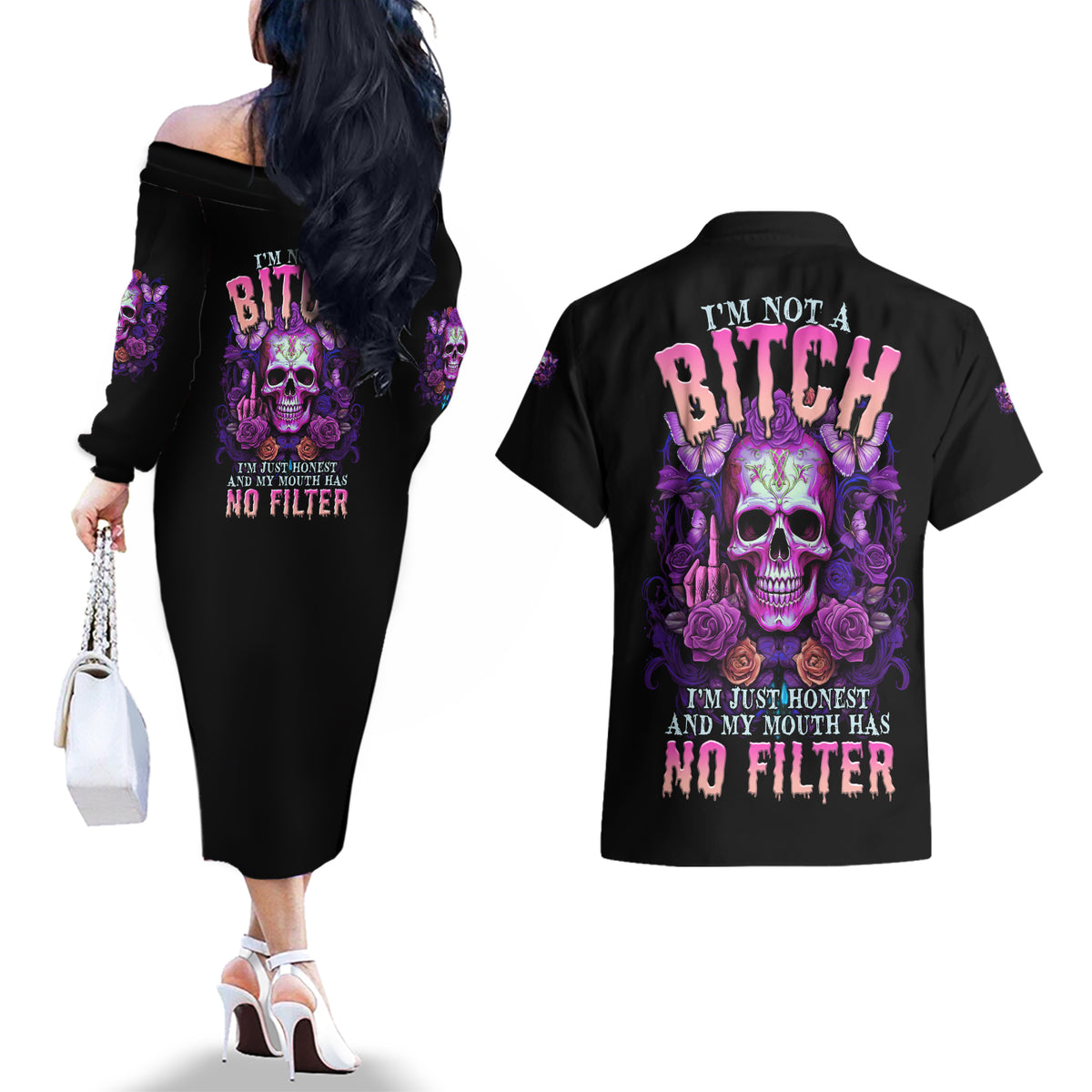 I'M Not A B I'M Just Honest Skull Butterfly Couples Matching Off The Shoulder Long Sleeve Dress and Hawaiian Shirt - Wonder Print Shop