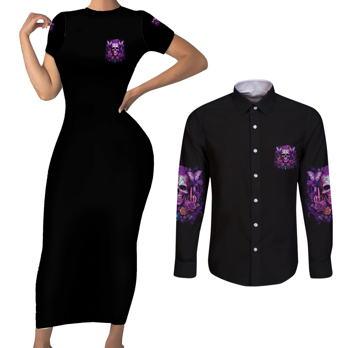 I'M Not A B I'M Just Honest Skull Butterfly Couples Matching Short Sleeve Bodycon Dress and Long Sleeve Button Shirt - Wonder Print Shop
