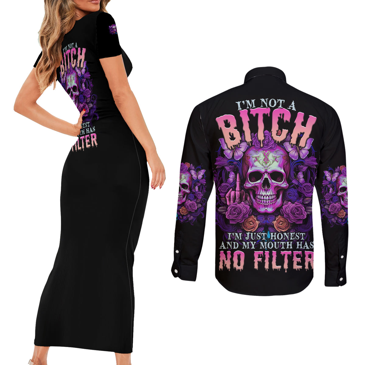 I'M Not A B I'M Just Honest Skull Butterfly Couples Matching Short Sleeve Bodycon Dress and Long Sleeve Button Shirt - Wonder Print Shop