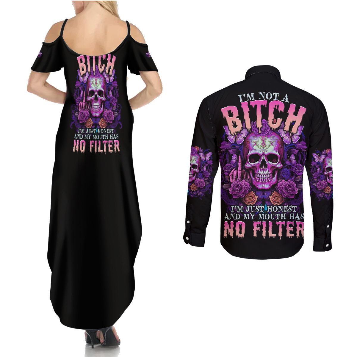 I'M Not A B I'M Just Honest Skull Butterfly Couples Matching Summer Maxi Dress and Long Sleeve Button Shirt - Wonder Print Shop