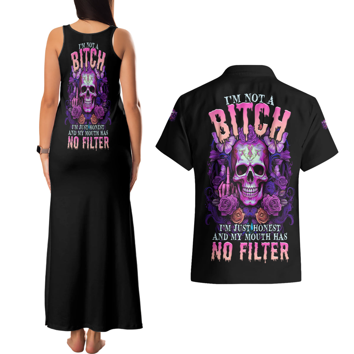 I'M Not A B I'M Just Honest Skull Butterfly Couples Matching Tank Maxi Dress and Hawaiian Shirt - Wonder Print Shop