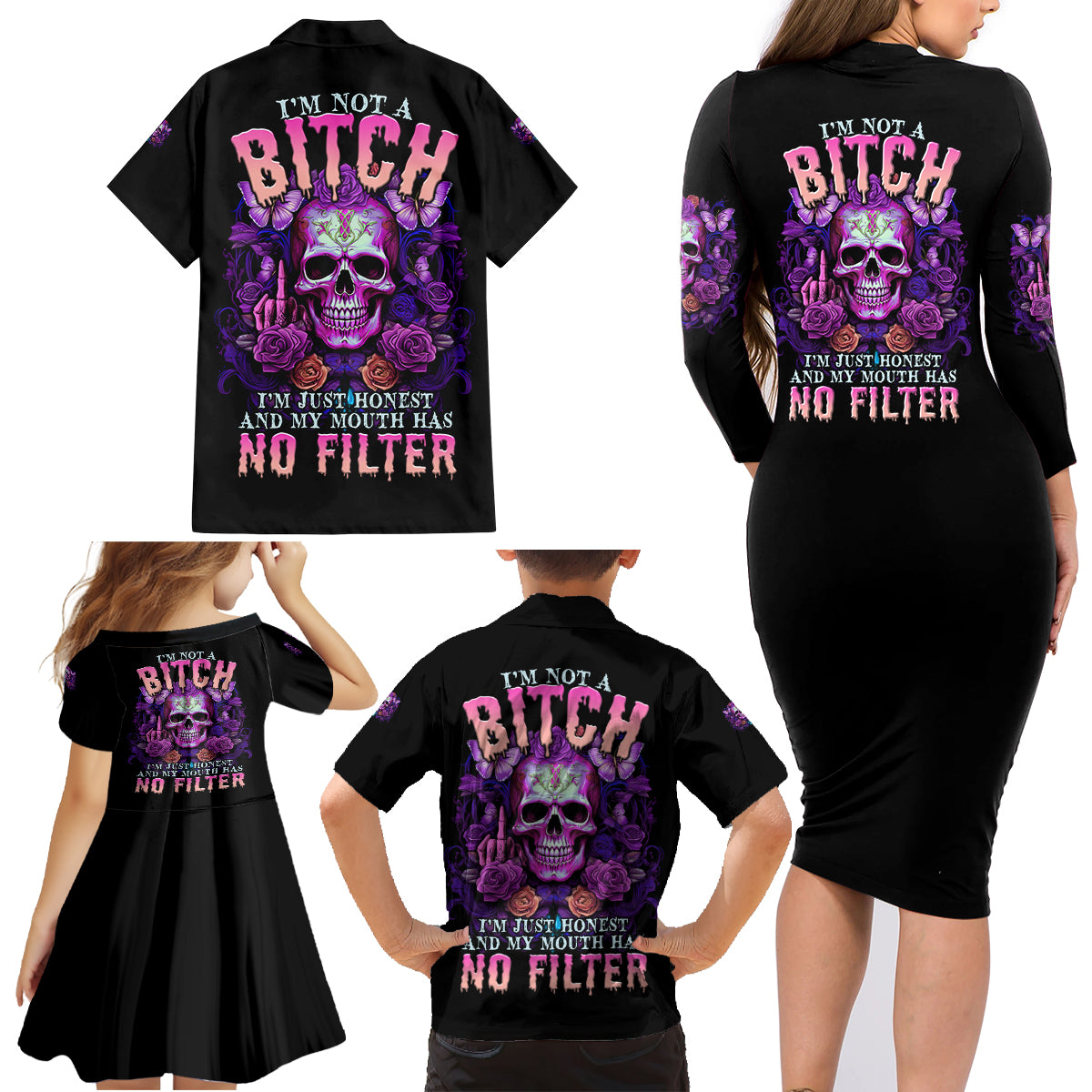 I'M Not A B I'M Just Honest Skull Butterfly Family Matching Long Sleeve Bodycon Dress and Hawaiian Shirt - Wonder Print Shop