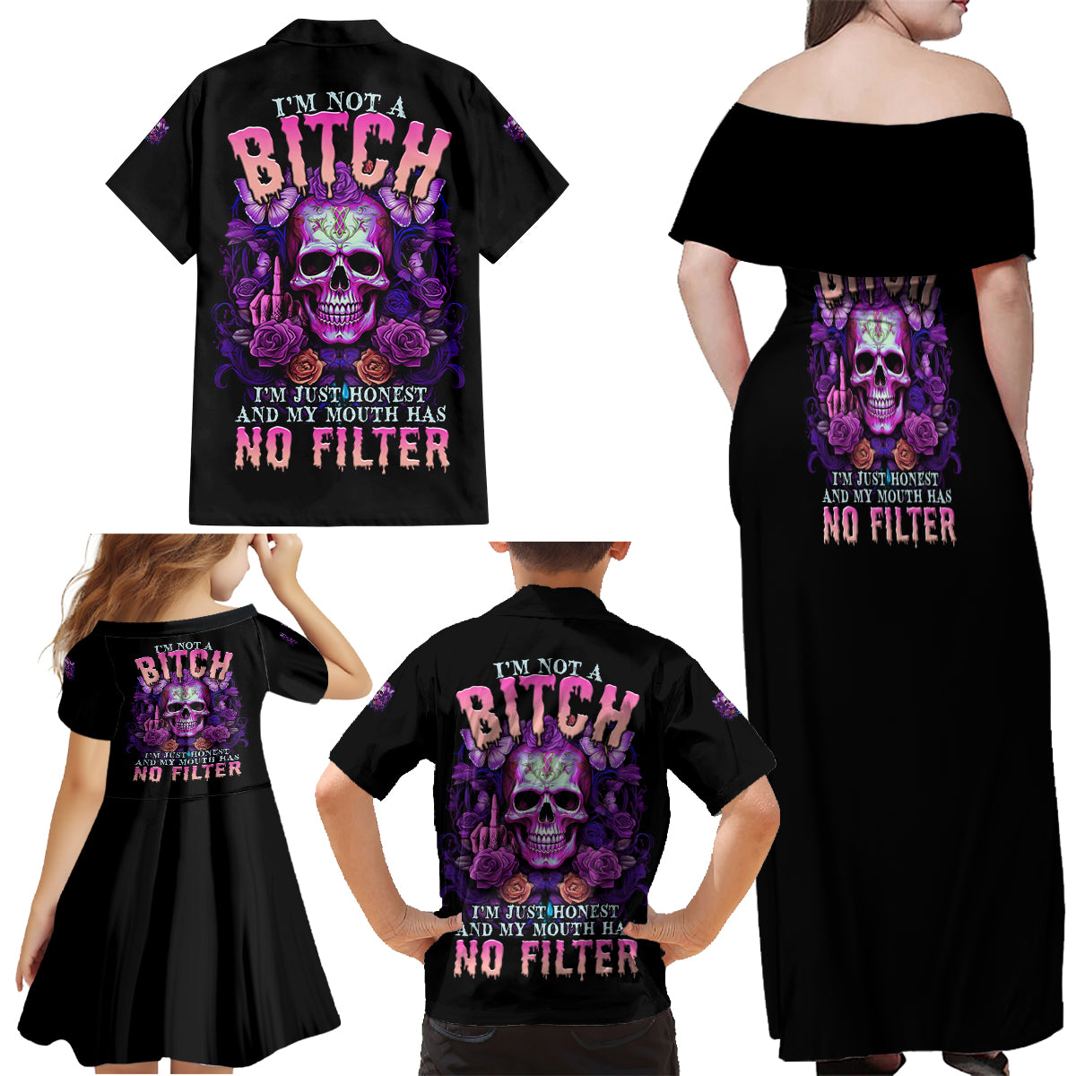 I'M Not A B I'M Just Honest Skull Butterfly Family Matching Off Shoulder Maxi Dress and Hawaiian Shirt - Wonder Print Shop