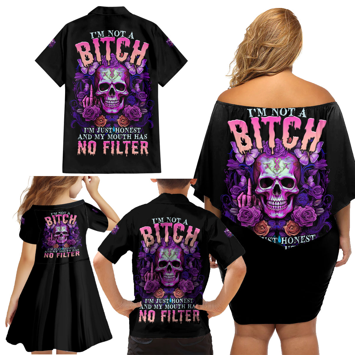 I'M Not A B I'M Just Honest Skull Butterfly Family Matching Off Shoulder Short Dress and Hawaiian Shirt - Wonder Print Shop