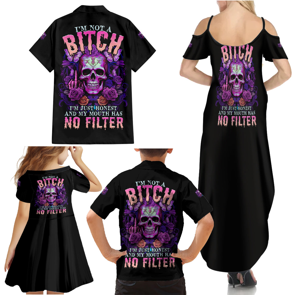 I'M Not A B I'M Just Honest Skull Butterfly Family Matching Summer Maxi Dress and Hawaiian Shirt - Wonder Print Shop