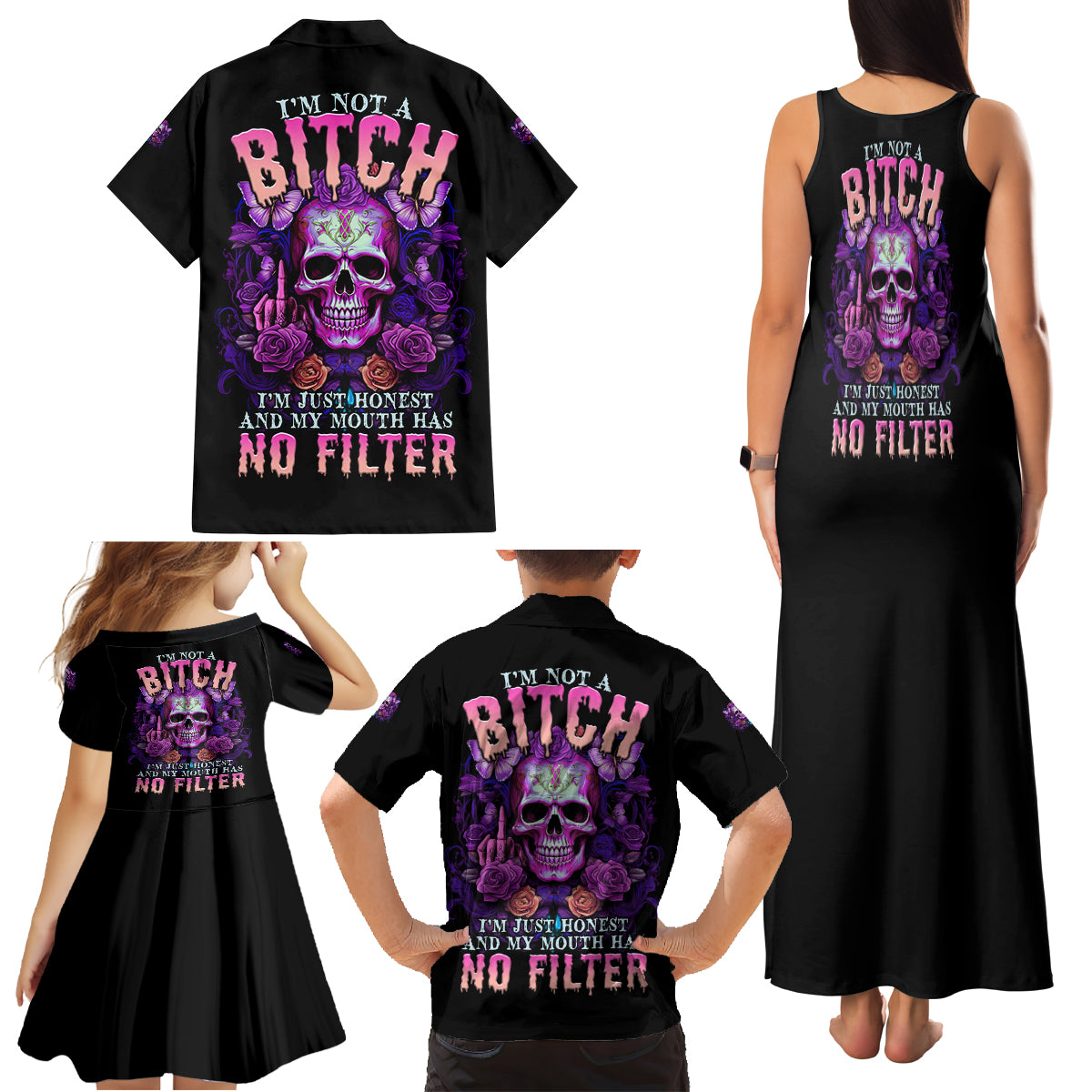 I'M Not A B I'M Just Honest Skull Butterfly Family Matching Tank Maxi Dress and Hawaiian Shirt - Wonder Print Shop