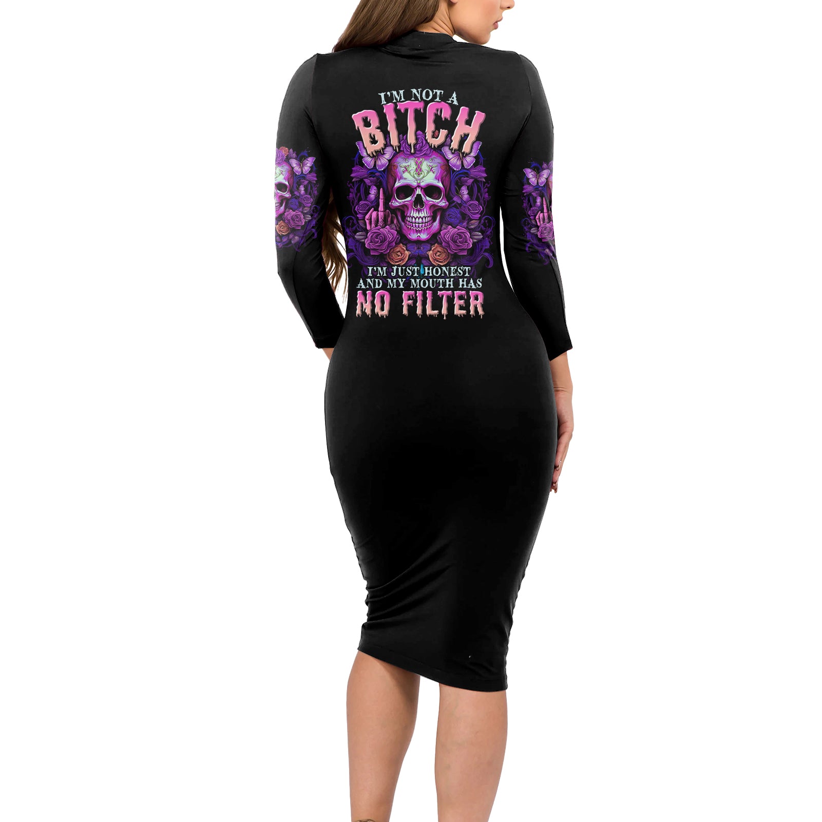 I'M Not A B I'M Just Honest Skull Butterfly Long Sleeve Bodycon Dress - Wonder Print Shop