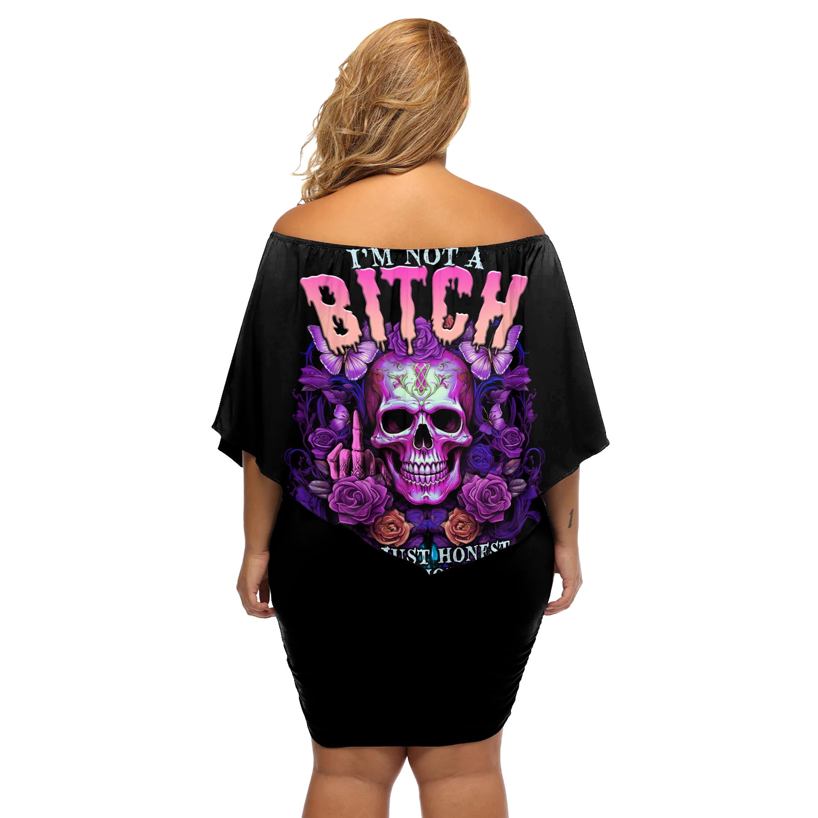 I'M Not A B I'M Just Honest Skull Butterfly Off Shoulder Short Dress - Wonder Print Shop