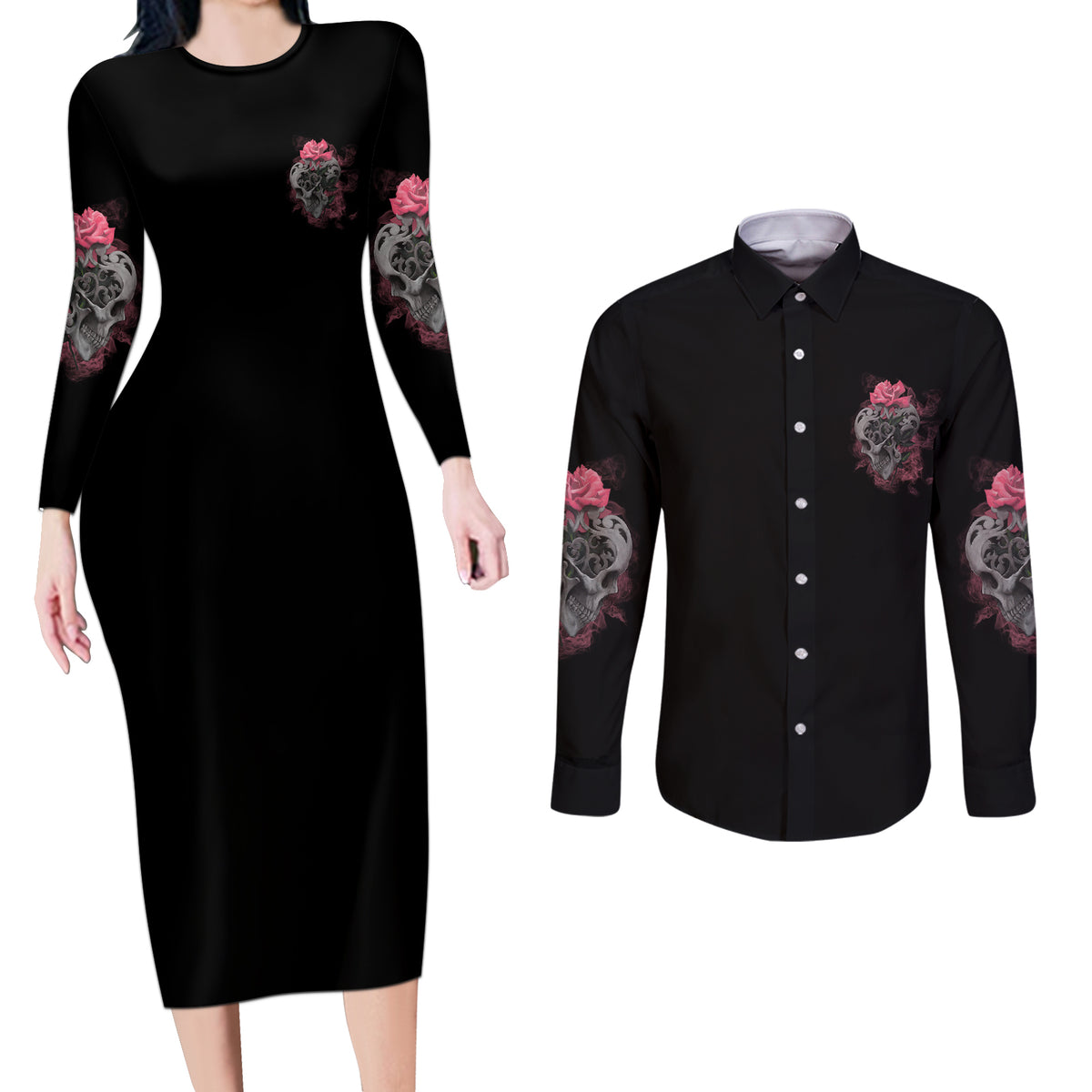 I Am The Storm Tattooed Skull Couples Matching Long Sleeve Bodycon Dress and Long Sleeve Button Shirt - Wonder Print Shop