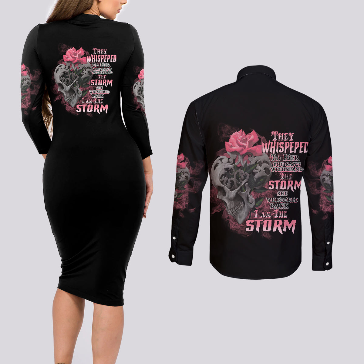 I Am The Storm Tattooed Skull Couples Matching Long Sleeve Bodycon Dress and Long Sleeve Button Shirt - Wonder Print Shop