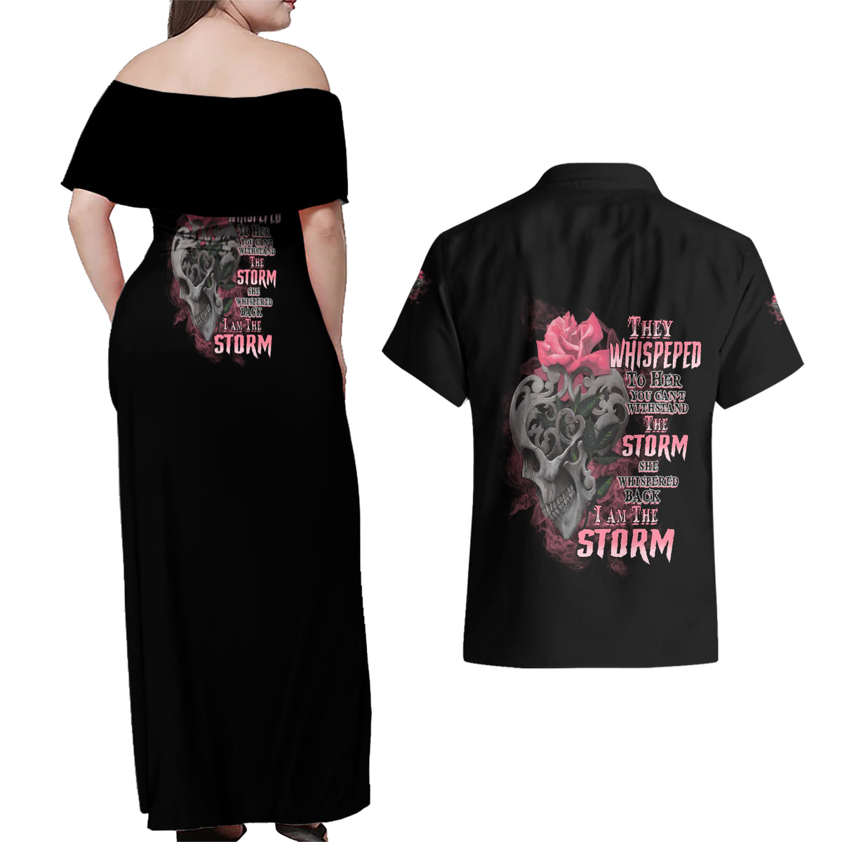 I Am The Storm Tattooed Skull Couples Matching Off Shoulder Maxi Dress and Hawaiian Shirt - Wonder Print Shop