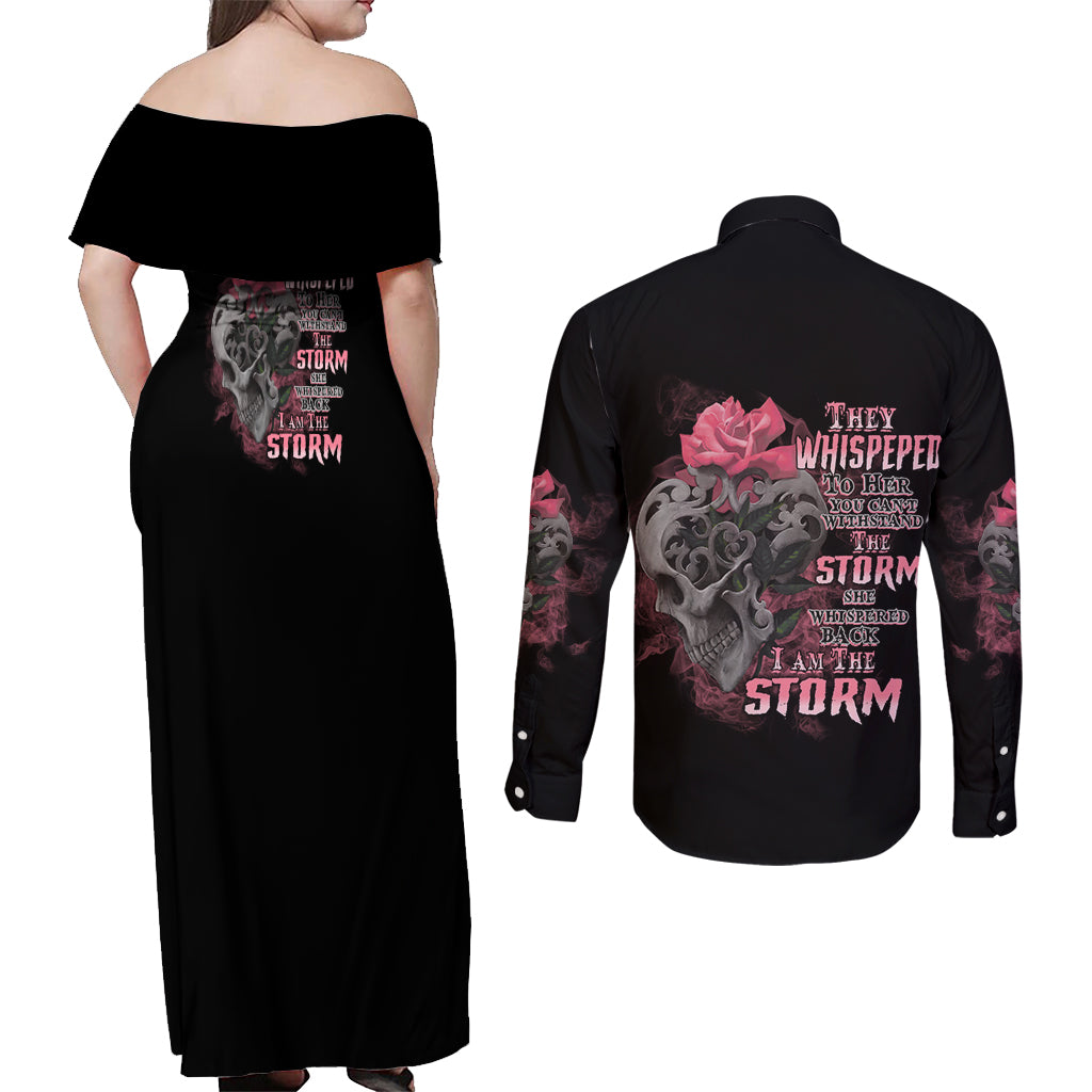 I Am The Storm Tattooed Skull Couples Matching Off Shoulder Maxi Dress and Long Sleeve Button Shirt - Wonder Print Shop