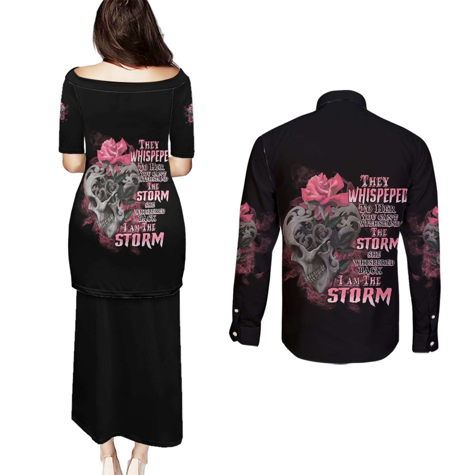 I Am The Storm Tattooed Skull Couples Matching Puletasi Dress and Long Sleeve Button Shirt - Wonder Print Shop