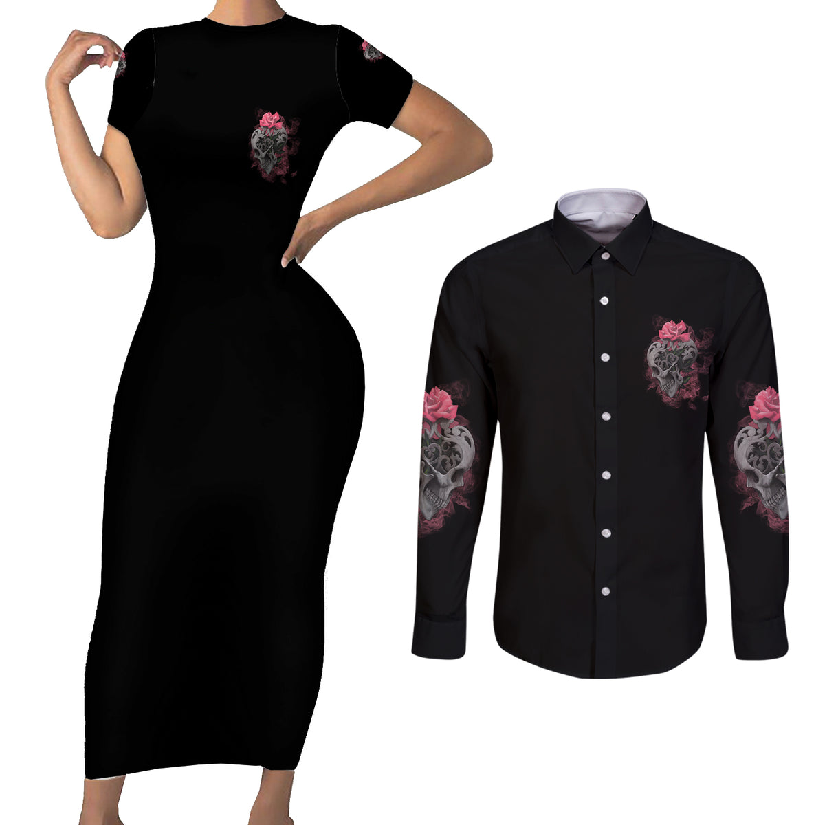 I Am The Storm Tattooed Skull Couples Matching Short Sleeve Bodycon Dress and Long Sleeve Button Shirt - Wonder Print Shop