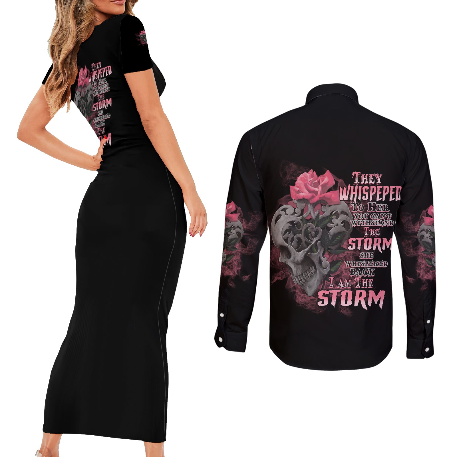 I Am The Storm Tattooed Skull Couples Matching Short Sleeve Bodycon Dress and Long Sleeve Button Shirt - Wonder Print Shop