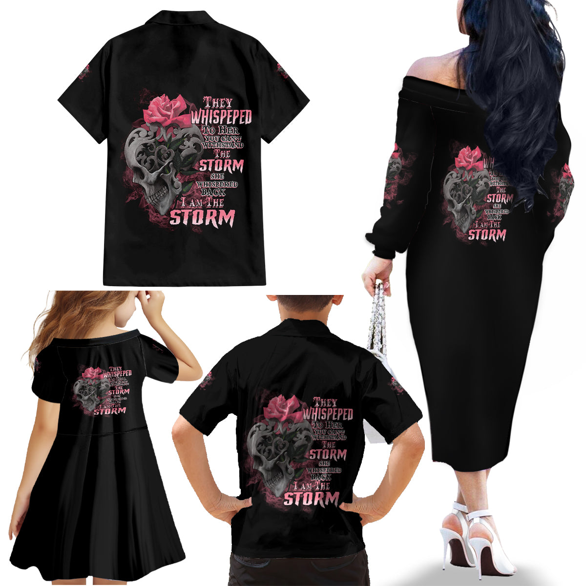 I Am The Storm Tattooed Skull Family Matching Off Shoulder Long Sleeve Dress and Hawaiian Shirt - Wonder Print Shop