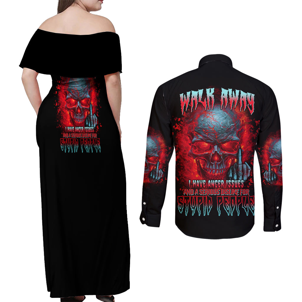 Walk Away I Have Anger Issues And A Serious Dislike For Couples Matching Off Shoulder Maxi Dress and Long Sleeve Button Shirt - Wonder Print Shop