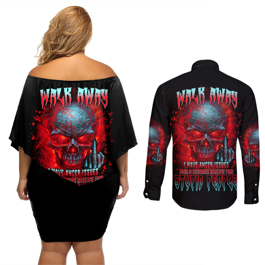Walk Away I Have Anger Issues And A Serious Dislike For Couples Matching Off Shoulder Short Dress and Long Sleeve Button Shirt - Wonder Print Shop