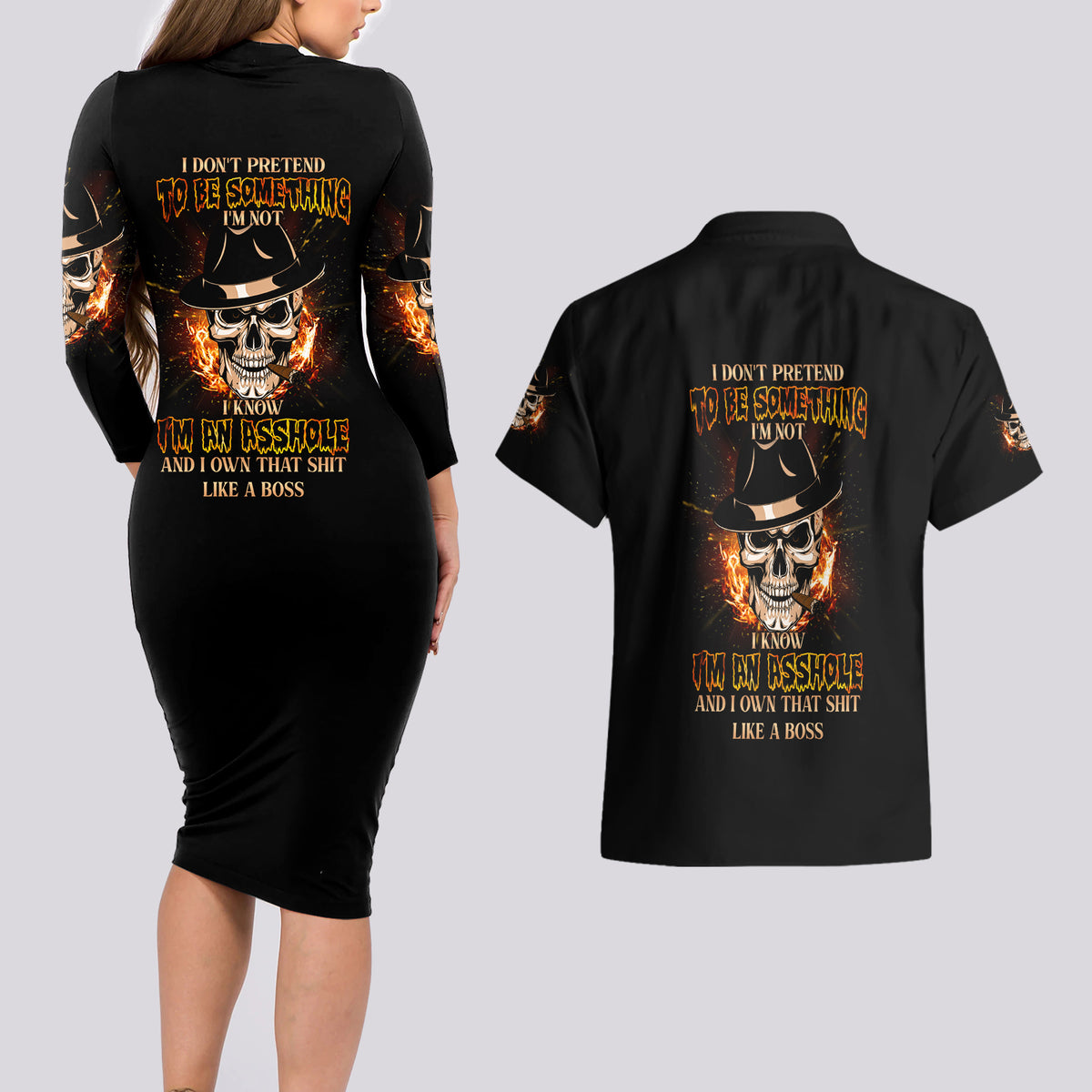 I Don't Pretend To Be Something I'm Not Couples Matching Long Sleeve Bodycon Dress and Hawaiian Shirt - Wonder Print Shop