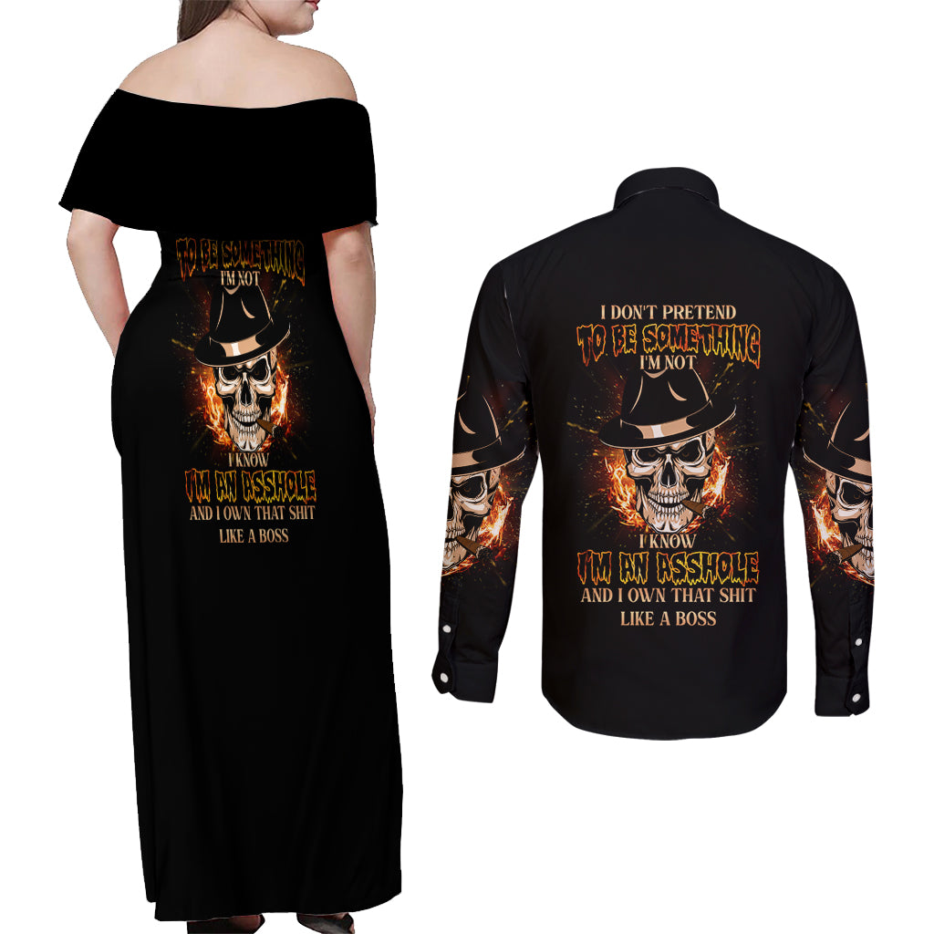 I Don't Pretend To Be Something I'm Not Couples Matching Off Shoulder Maxi Dress and Long Sleeve Button Shirt - Wonder Print Shop