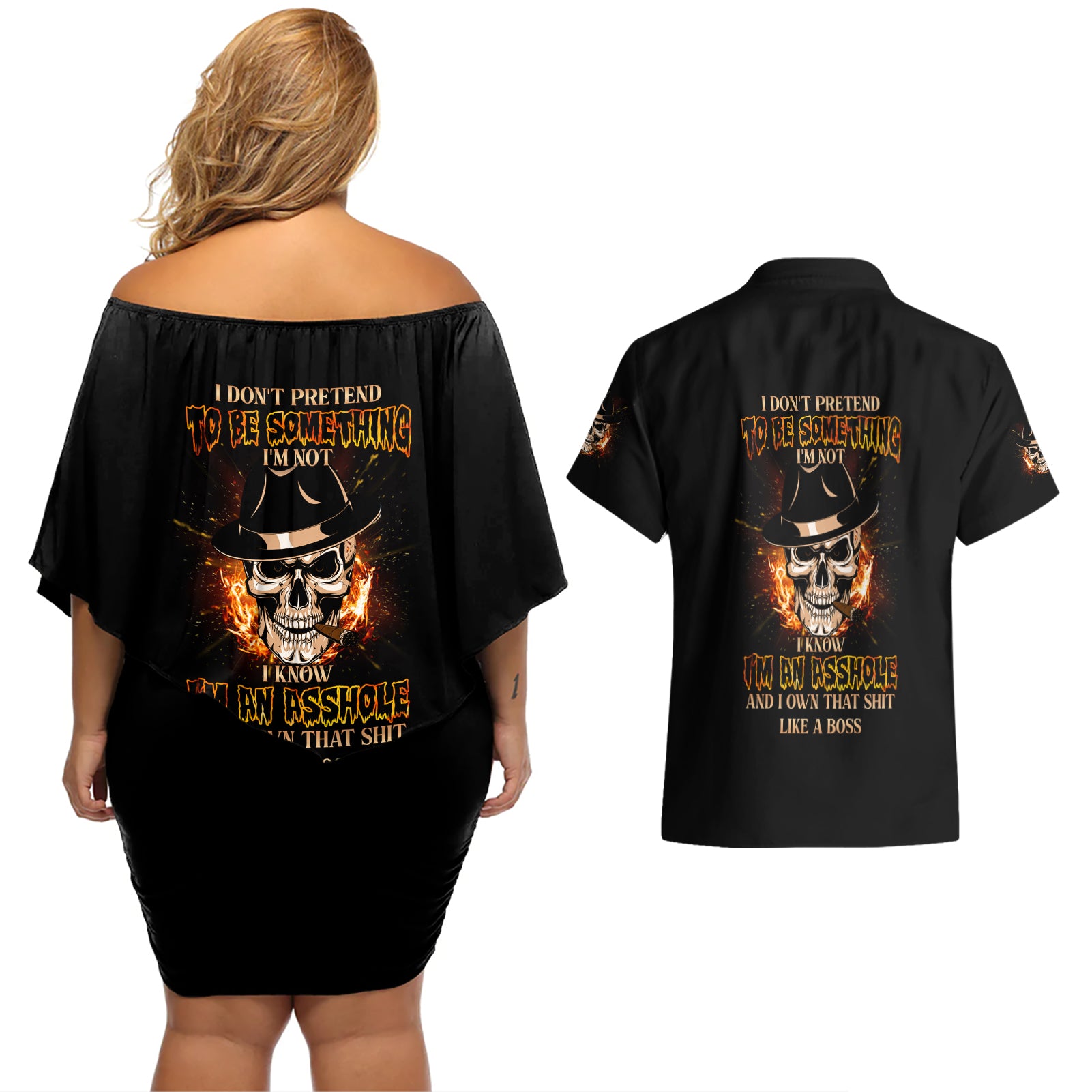 I Don't Pretend To Be Something I'm Not Couples Matching Off Shoulder Short Dress and Hawaiian Shirt - Wonder Print Shop