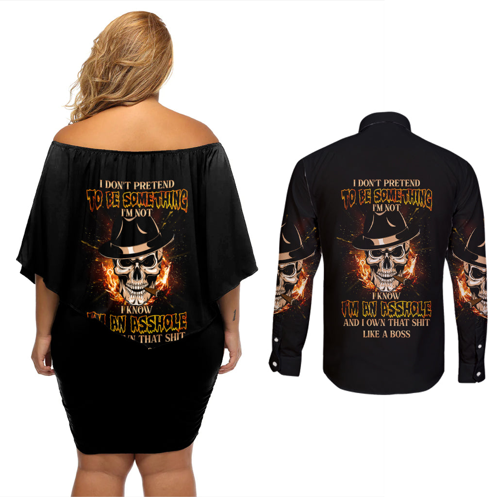 I Don't Pretend To Be Something I'm Not Couples Matching Off Shoulder Short Dress and Long Sleeve Button Shirt - Wonder Print Shop