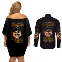 I Don't Pretend To Be Something I'm Not Couples Matching Off Shoulder Short Dress and Long Sleeve Button Shirt - Wonder Print Shop